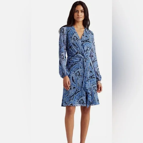 Ralph Lauren Navy and Light Blue Paisley Long Sleeve Dress - Picture 8 of 10